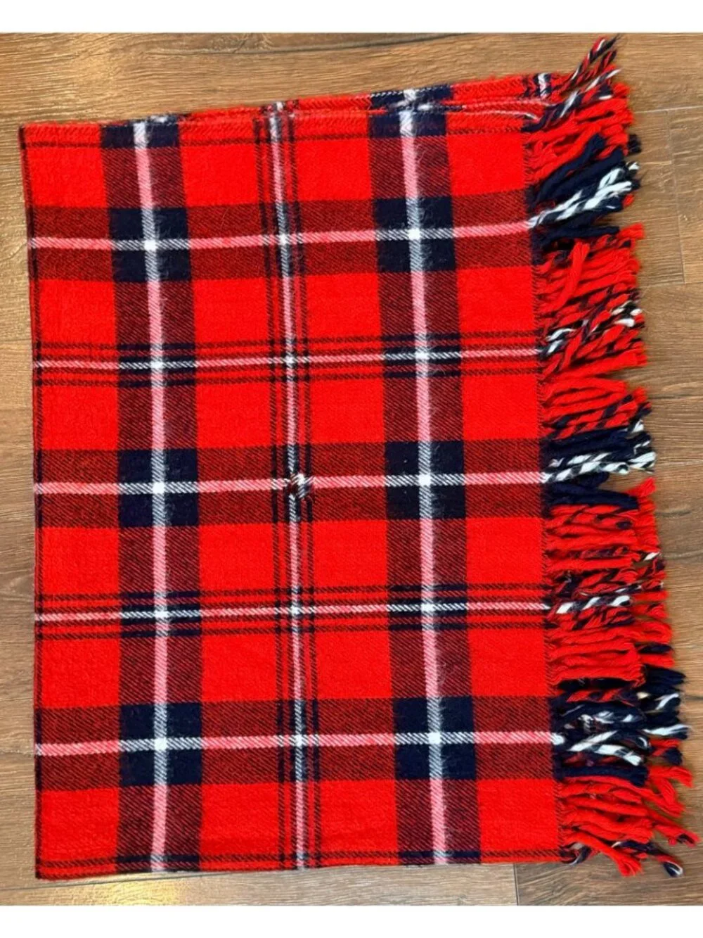 Vintage 1970s Faribo Red & Black Plaid Acrylic Throw Blanket With Fringe - Made